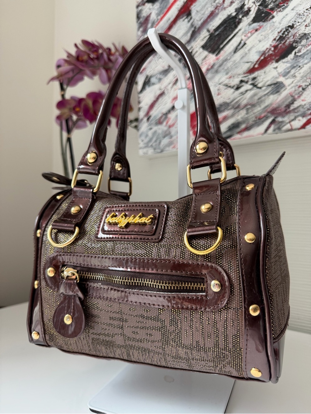 Vintage Baby Phat Y2K Brown Metallic Monogram Barrel Bowling Satchel Bag